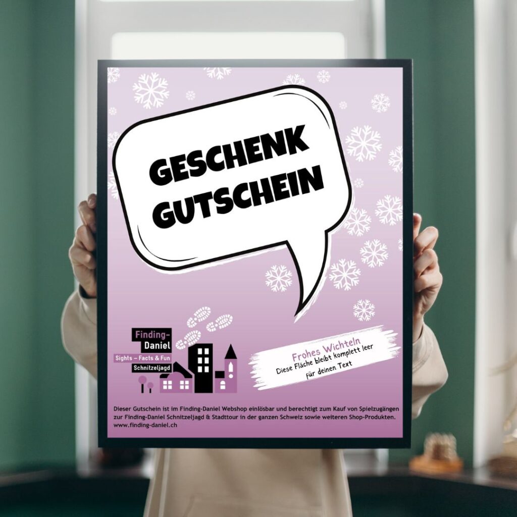 Detailansicht des winterlichen Geschenkgutscheins von Finding-Daniel Citytrails.